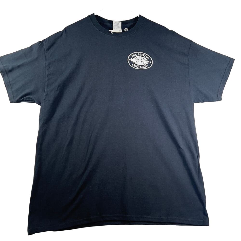 The British Chip Shop T-Shirt Mens XL Black w/ White Store Logo Front & Back NEW